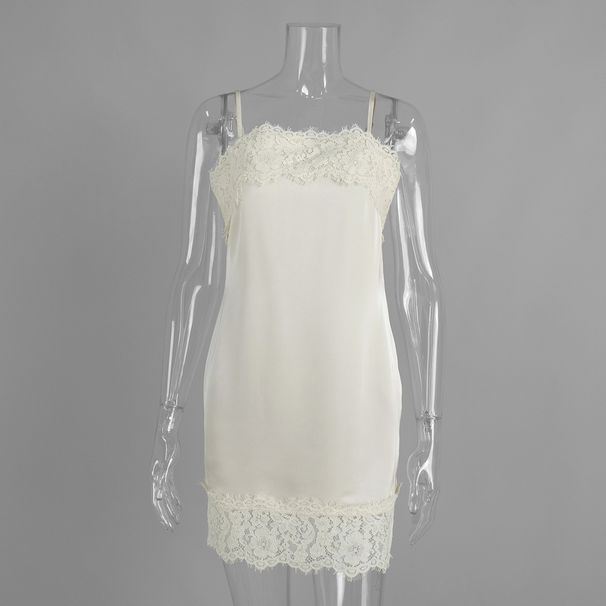 Lace & Satin Camisole Dress – Sexy Floral Slip Dress For Women – Stretch Polyester – Coffee/Beige (S/M/L)_ecoleips.com