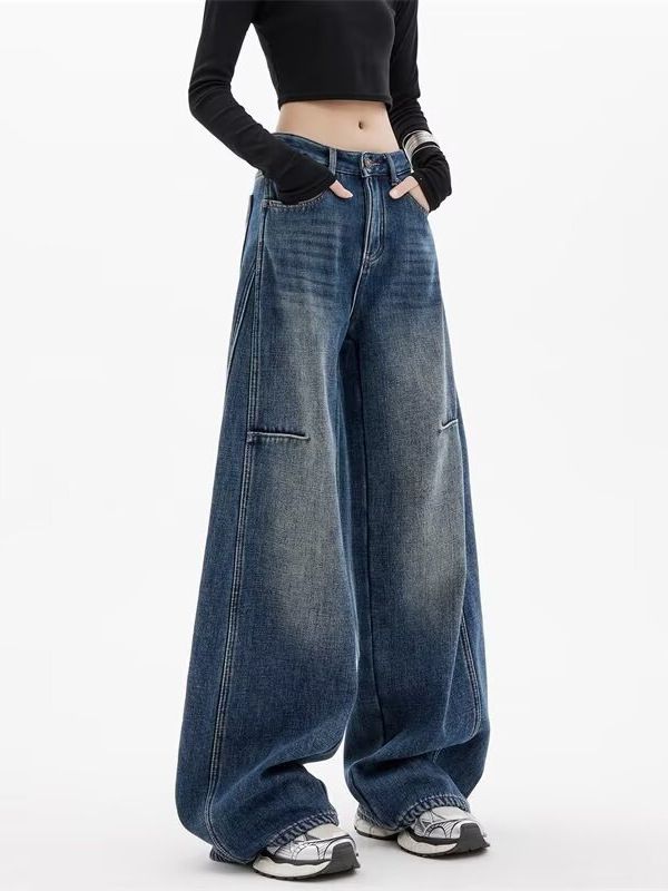 Vintage Distressed Wide-Leg Jeans For Women – Retro Blue High-Waisted Ripped Denim Pants (XS-4XL)_ecoleips.com