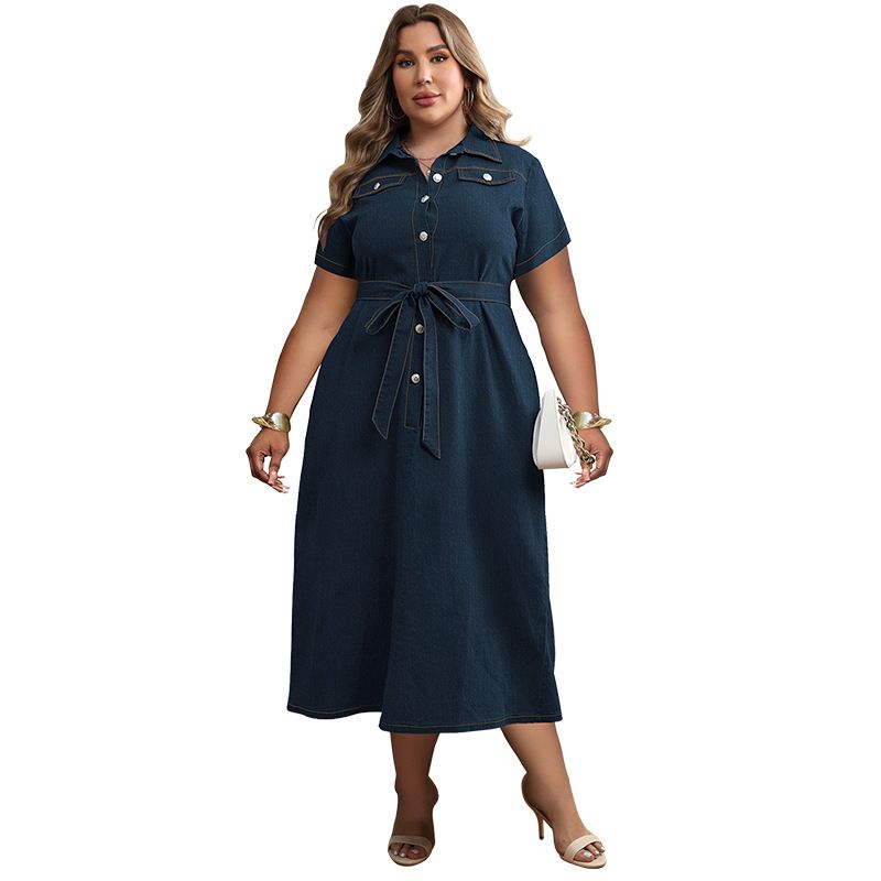 plus Size Women's Collared Short Sleeved Dress European American Style Fashion Front Open Chest Summer Spring Autumn Dress_ecoleips.com