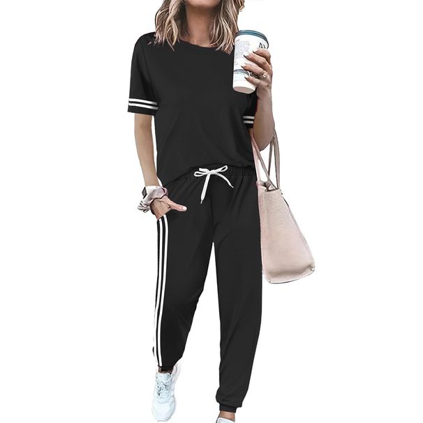 Women's Casual Two-Piece Set: Short Sleeve Tee With Stripe Accents & Drawstring Jogger Pants, Relaxed Fit Loungewear Outfit_ecoleips.com