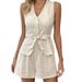 French-Style Khaki Cotton Linen V-Neck Sleeveless Vest And Shorts Casual Summer Two-Piece Set_ecoleips.com