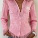 Women's Pink Faux Suede Fringe Shirt, Long Sleeve Button Down Western Cowboy Blouse, V Neck Slim Fit Casual Top For Daily Wear, Party, Country Style O_ecoleips.com