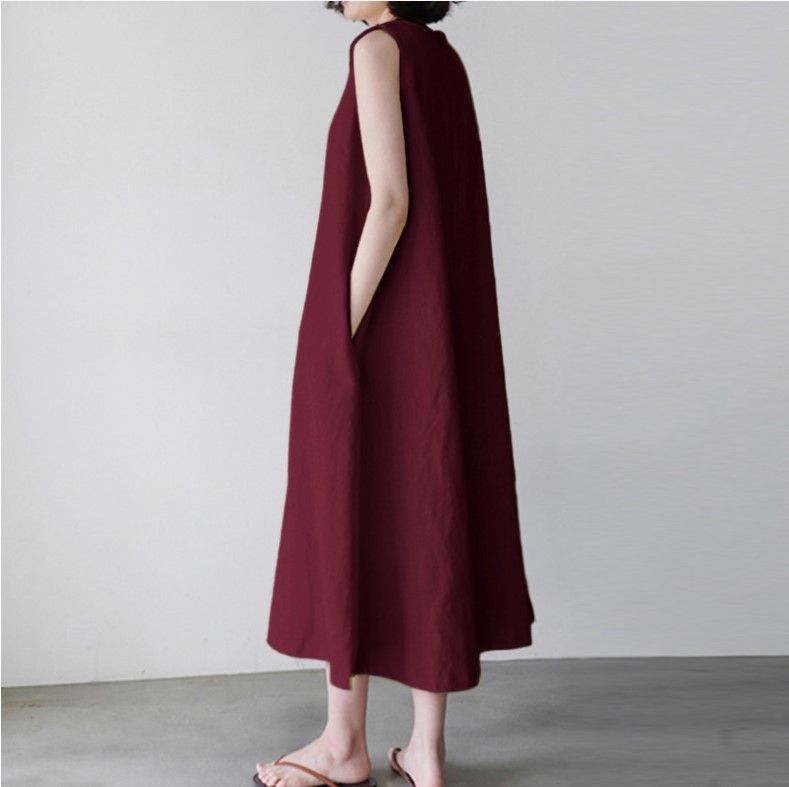 2026 Summer Solid Color Cotton Linen Sleeveless Plus Size Loose Korean Style Tank Dress, Round Neck Mid-Length Dress_ecoleips.com