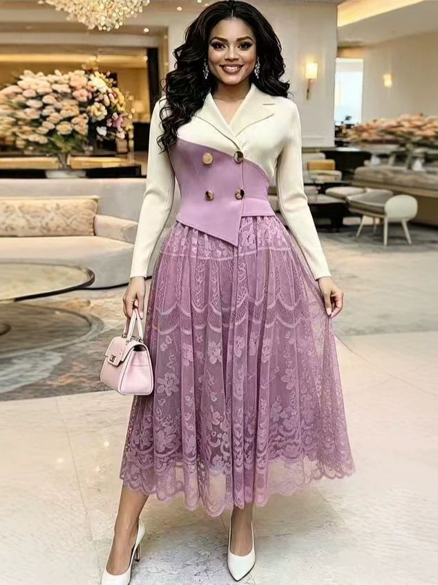 Women's Lace Patchwork Dress Slimming A-Line Pleated Mid-Length Full Skirt New Style Flowing Dress_ecoleips.com