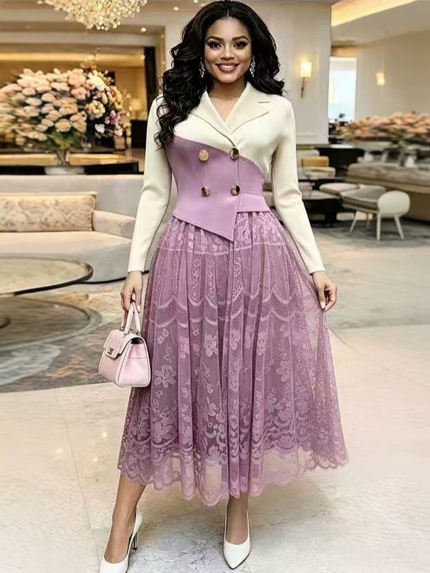 Women's Lace Patchwork Dress Slimming A-Line Pleated Mid-Length Full Skirt New Style Flowing Dress_ecoleips.com
