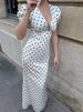 JULISSA MO Sexy V-neck Print Polka Dot Women Maxi Dress White Short Sleeve Lace Up Dress Summer Slim Elegant Party Evening Dress_ecoleips.com