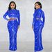 C6028 Fashion Women's Mesh Rhinestone See-through Sleeve Long Dress Two-piece Set_ecoleips.com