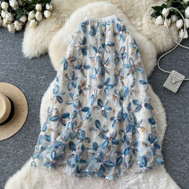 Women's Clothing Romantic Atmosphere Mesh Skirt Elastic Waist Three Dimensional Flower A Line Beautiful Long Skirt_ecoleips.com