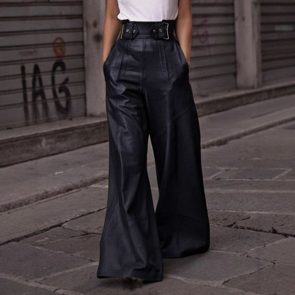 New Fashion High-Waisted Leather Pants For Women Loose Fitting Slim Fit PU Leather Flared Casual Long Trousers With Pockets_ecoleips.com