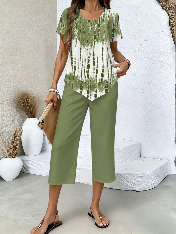 New Women's 3D Digital Tie Dye Print Set Style Loose Fit Casual Fashionable Trendy Short Sleeve Clothing For Commuting_ecoleips.com