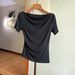 Nanyou Women's European Style Pleated Slim Fit T-Shirt Short Sleeve Irregular Hem New Style 2025_ecoleips.com