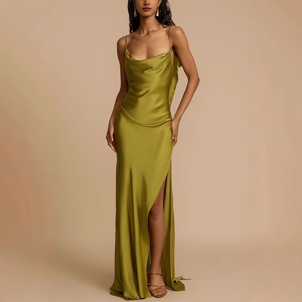 Women's Clothing New Sling Slit Dress INS Casual Loose Holiday Satin Dress_ecoleips.com