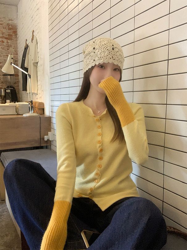 Korean-style Color-blocked Long-sleeve Knitted Cardigan, Soft Cozy Sweater Women, Suitable For Spring, Autumn, Winter,_ecoleips.com