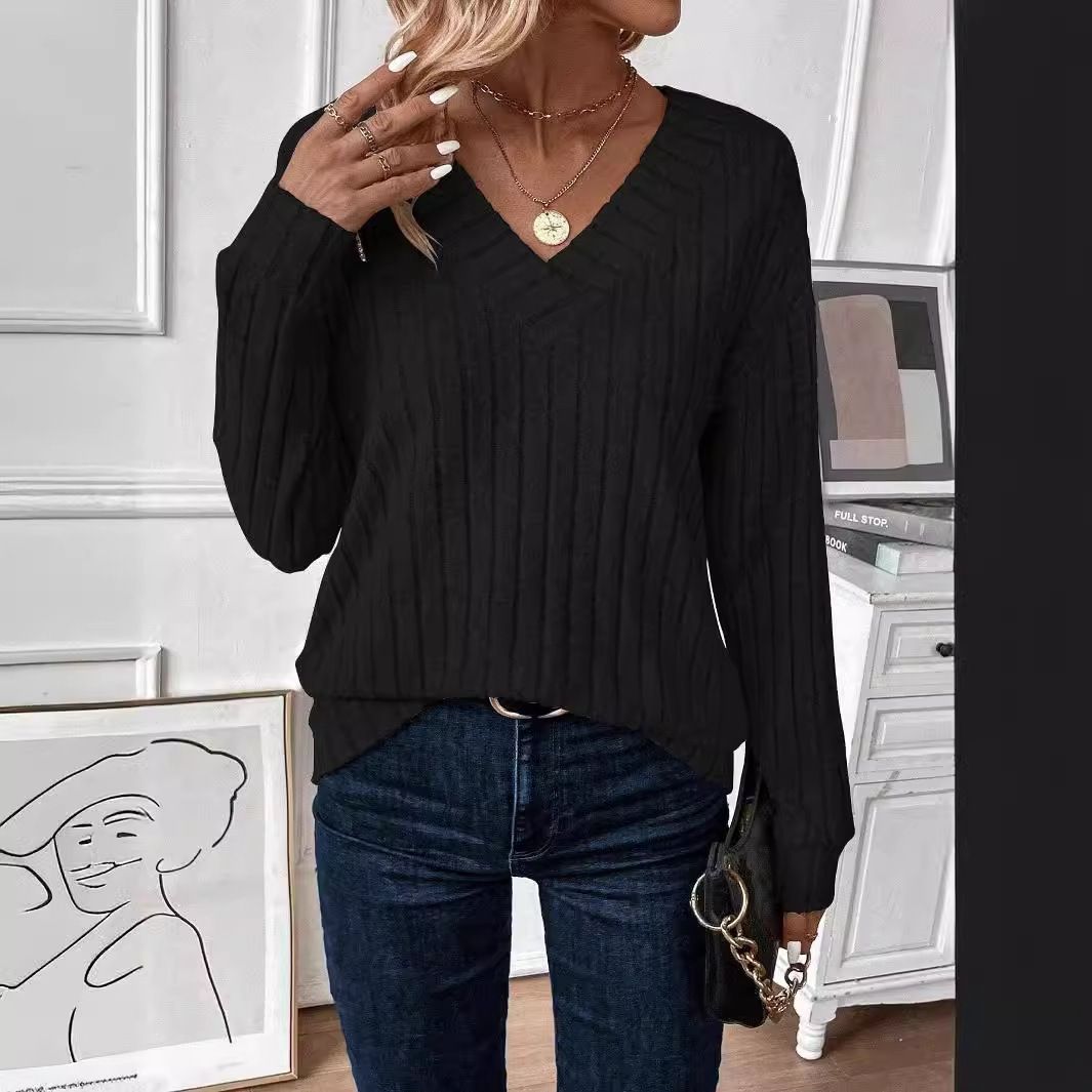 New Autumn-Winter Long-Sleeved V-Neck Knit Tee For Casual Wear, Plain Color Women's Top_ecoleips.com