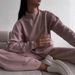 Women's Clothing Knit Sweater & Wide Leg Pants Set - High Neck Slit Pullover With Loose Fit Trousers, Streetwear Outfit In Dusty Pink & Cream_ecoleips.com