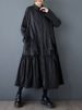 2025 Spring Autumn New Black Vintage Pleated Shirt Dresses For Women Ruffles Long Sleeve Loose Casual Dress Fashion Clothing_ecoleips.com