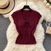 Women's Sweet V Neck Short Sleeve T-Shirt Korean Style Bow Tie Slim Fit Knit Top for Summer_ecoleips.com