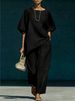 Women's Wrinkle Textured Two-Piece Set Relaxed Fit Short Sleeve Top With Asymmetrical Hem And Wide-Leg Pants_ecoleips.com