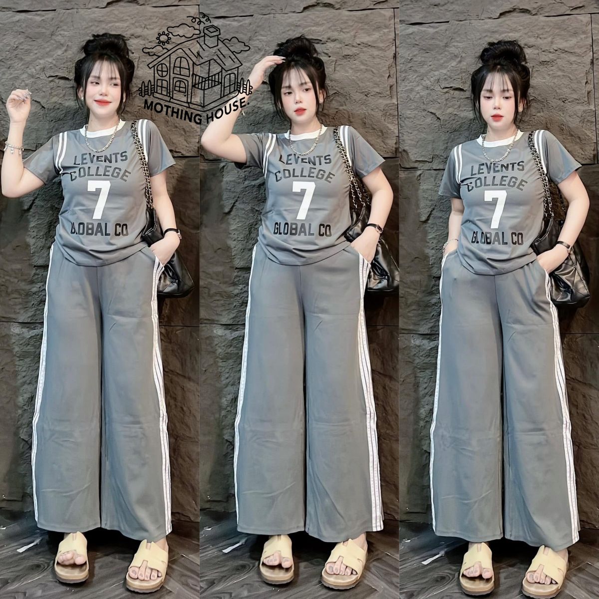 Women's Summer Fashion Two Piece Set Letter Print Color Blocking Short Sleeve Top with Side Stripe Wide Leg Pants Loose Fit_ecoleips.com