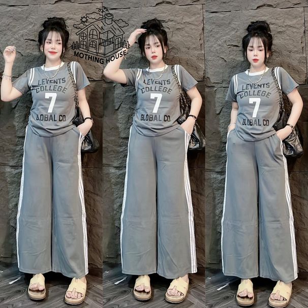 Women's Summer Fashion Two Piece Set Letter Print Color Blocking Short Sleeve Top with Side Stripe Wide Leg Pants Loose Fit_ecoleips.com