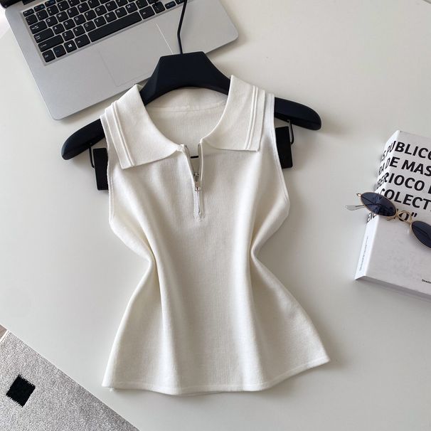Women's Korean Style Collared Half Zip Sleeveless Knitted Vest Casual Pullover Sweater Multiple Colors For Spring And Summer_ecoleips.com