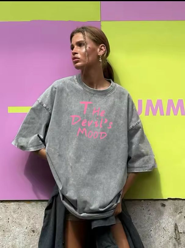 Hirsionsan Acid Washed T-Shirt Women, Vintage Cotton Streetwear, Soft Mineral T-Shirt, Loose Fit For Girls, Pink_ecoleips.com