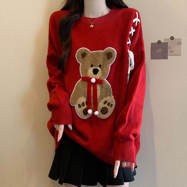 Christmas Red Knit Sweater – Cute Teddy Bear & Bow Design, Sweet & Slimming Fit_ecoleips.com