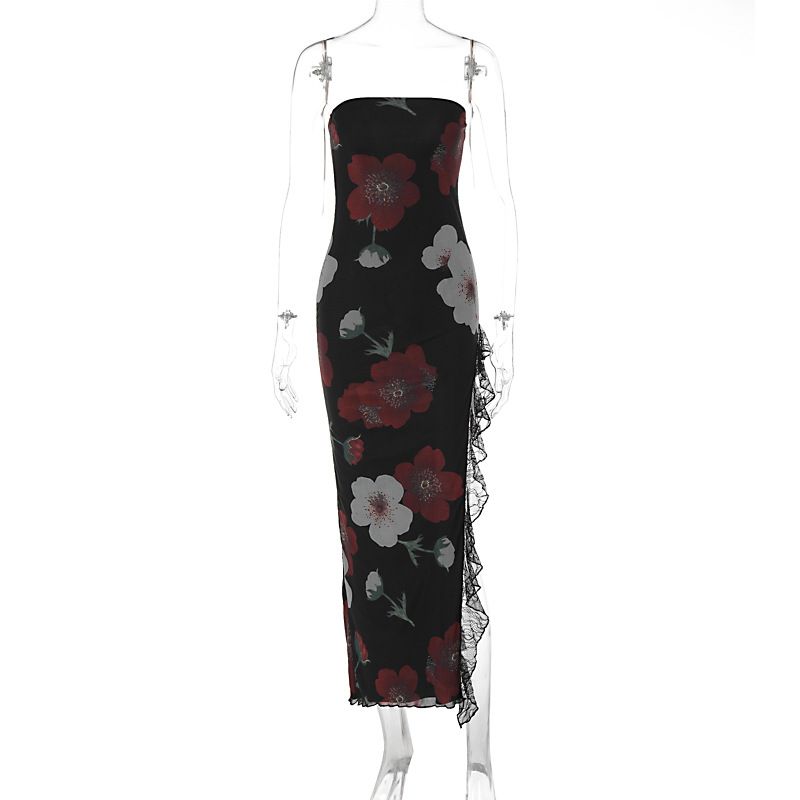 Women's Clothing Summer New Fashion Printed Lace Splicing Wrapped Chest Backless Slit Dress_ecoleips.com