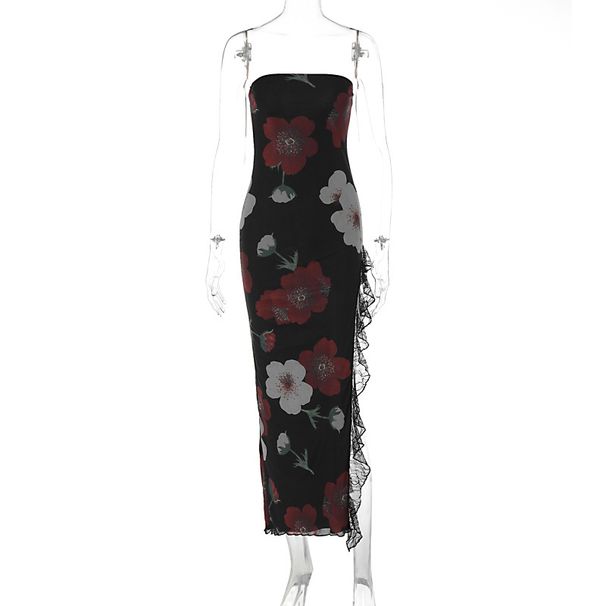 Women's Clothing Summer New Fashion Printed Lace Splicing Wrapped Chest Backless Slit Dress_ecoleips.com