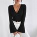 Women's Knitted Ribbed T-Shirt V Neck Bell Sleeve Design Elegant Fashionable New_ecoleips.com