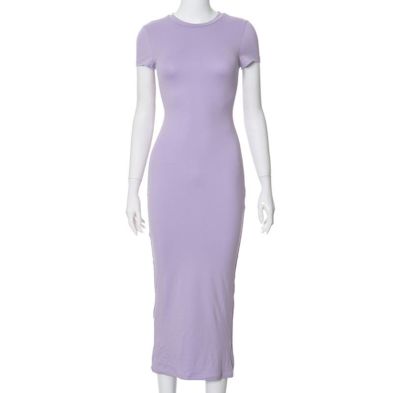Women's Clothing New Street Fashion Solid Color Dress Round Neck Long Dress_ecoleips.com
