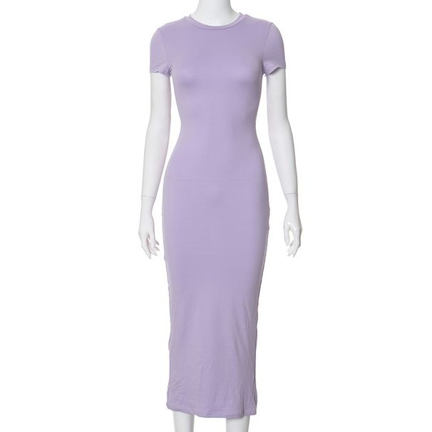 Women's Clothing New Street Fashion Solid Color Dress Round Neck Long Dress_ecoleips.com