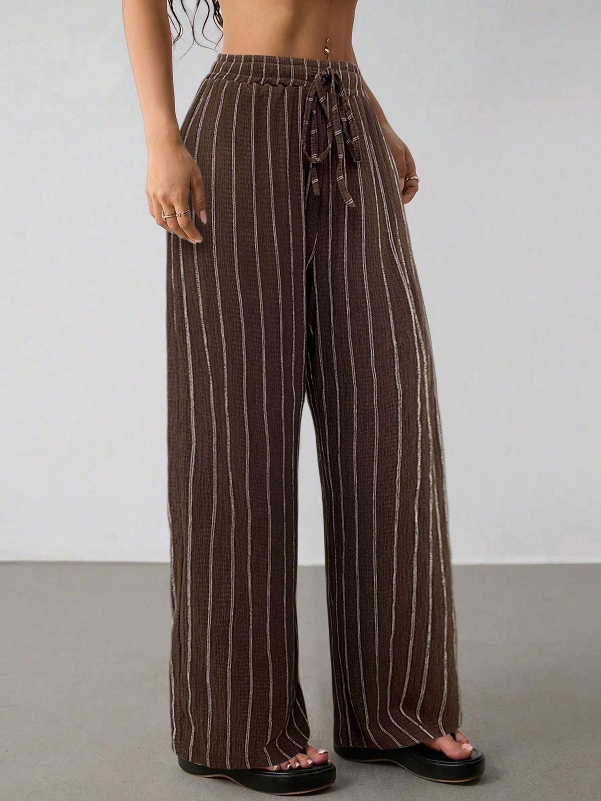 Women's Wide Leg Pants Drawstring Waist Casual Striped Elastic Trousers Multiple Contrast Colors Available_ecoleips.com