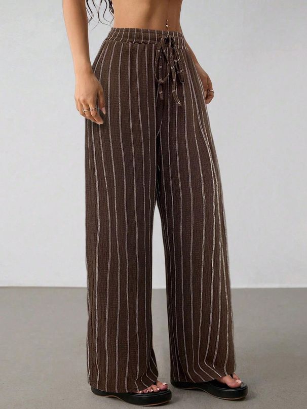 Women's Wide Leg Pants Drawstring Waist Casual Striped Elastic Trousers Multiple Contrast Colors Available_ecoleips.com