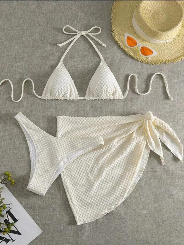Adjustable Crisscross Back 3-Piece Bikini Set Solid Color Drawstring Ties Versatile Swimwear Ensemble_ecoleips.com