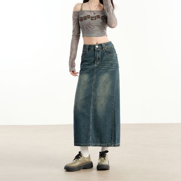 Verve Denim Midi New Style High Waist Slimming 2025 Petite Mid-Length Skirt Retro Blue Back Slit Women_ecoleips.com