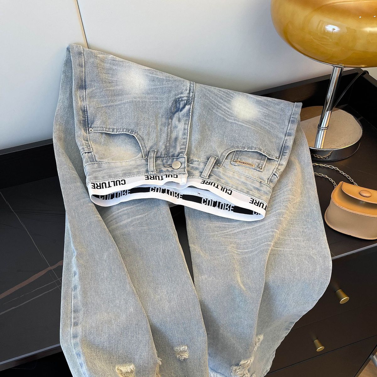 Women's Clothing Women's High-Waisted Slimming Patchwork Distressed Jeans Light Blue Loose Wide Leg Trousers Retro Style Clothing For Spring Autumn_ecoleips.com
