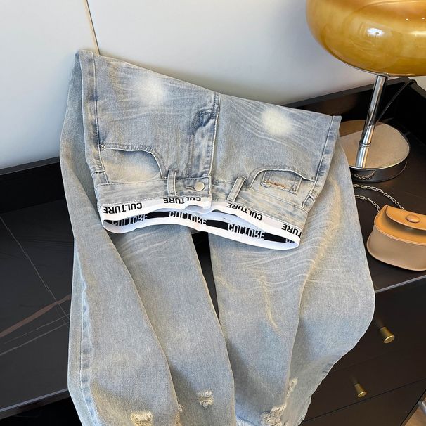 Women's Clothing Women's High-Waisted Slimming Patchwork Distressed Jeans Light Blue Loose Wide Leg Trousers Retro Style Clothing For Spring Autumn_ecoleips.com
