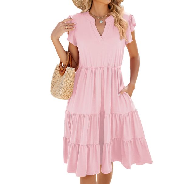 Women's Clothing Solid Color V Neck Loose Short Sleeved Waist Stitching Dress_ecoleips.com