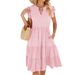 Women's Clothing Solid Color V Neck Loose Short Sleeved Waist Stitching Dress_ecoleips.com