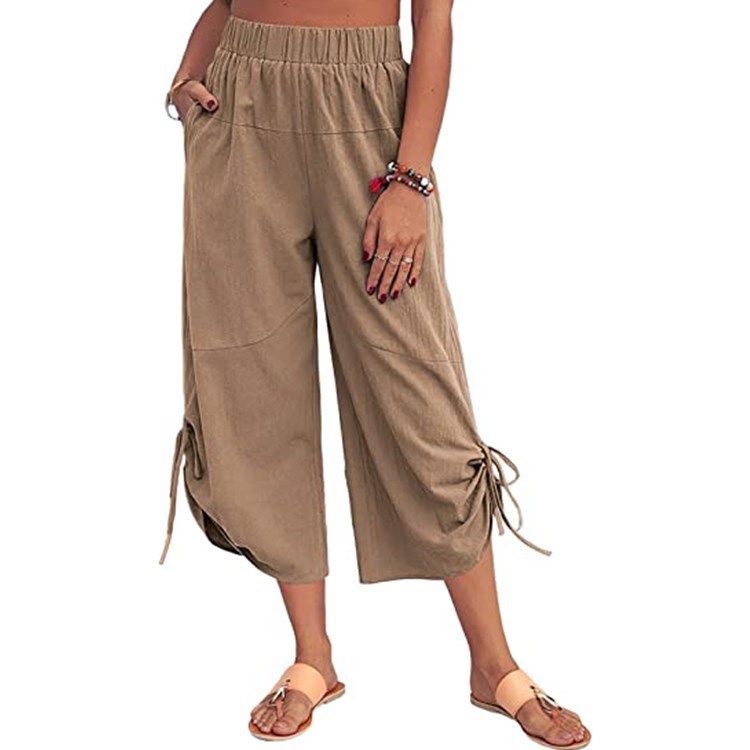 Women's plus Size Straight Leg Cropped Trousers Spring Autumn European American Style Loose Casual Drawstring Pockets_ecoleips.com
