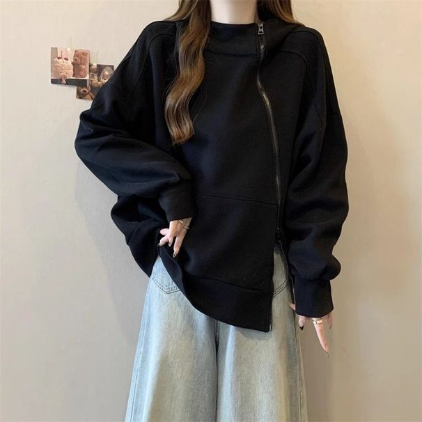 Irregular Double-zipper Hooded Sweatshirt Spring Style, Plus-size Design For Slightly Plump Women, Covers The Belly,_ecoleips.com