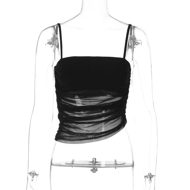 Women's Summer Off-Shoulder Camisole Top Solid Color See through Mesh European American Style Ruched Tight Fitting_ecoleips.com