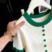 Spring/Summer Women's French Style Knit Sweater Diamond Pattern Hollowed Out Design Ruffled Trim Slim Fit Short Sleeve Top_ecoleips.com