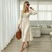 New Square Neck Long-sleeved Dress Women's Bubble Sleeve Lace-up Waist Thin Ruffle Edge Long Dress_ecoleips.com