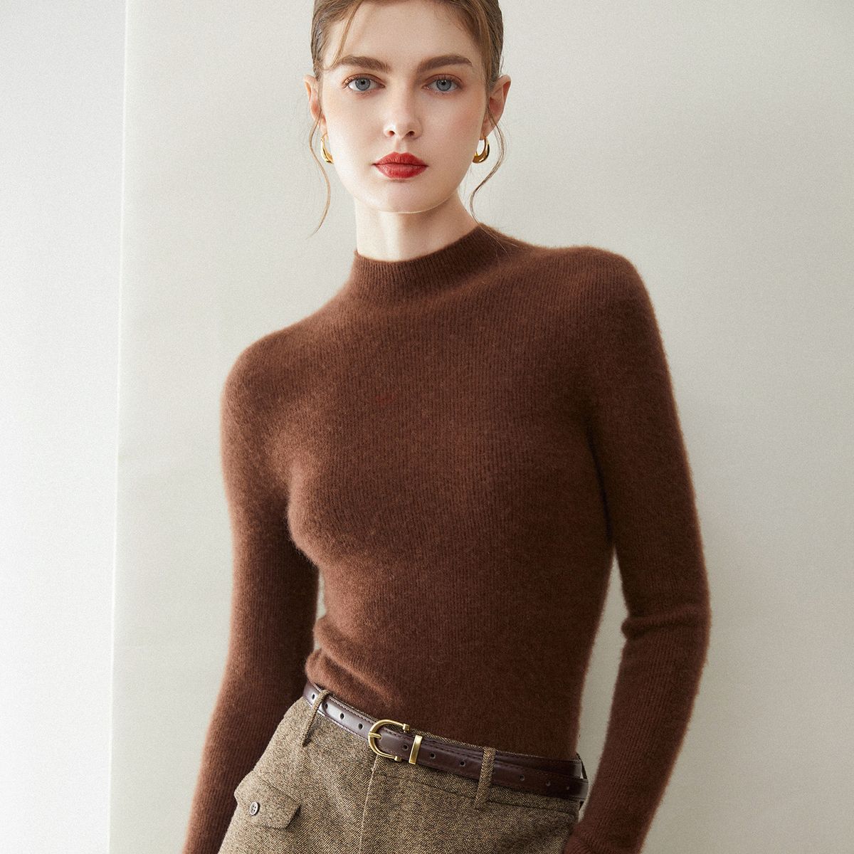 Soft And Cozy Women's Cashmere Sweater Basic Aesthetics Knitwear Semi High Neck Seamless Base Layer Wool Sweater_ecoleips.com
