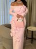 Elegant Off Shoulder Long Sleeve Skinny Dress Fashion Flower Dimensional Pink Wrap Hip Dress Lady Sexy Backless Solid Long Dress_ecoleips.com
