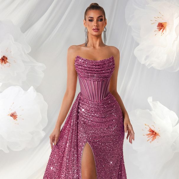 Women's Sequined Strapless Slim Fit Evening Gown High Slit Model Runway Dress For Banquets And Parties Touch Of Luxury Party Wear_ecoleips.com
