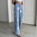 American Retro Blue Floral Print Jeans For Women Summer New Design High Waist Straight Wide Leg Long Pants_ecoleips.com