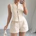 Women's Textured 2 Piece Outfit, Sleeveless V-Neck Button Down Vest Top & High Waist Casual Shorts Set, Elegant Solid Summer Co Ord Sets For Daily Wea_ecoleips.com